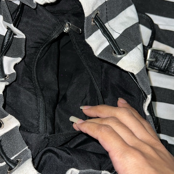 Striped Cloth Backpack With Faux Leather Detailing - Picture 5 of 11
